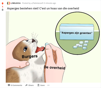 Schermafbeelding van Reddit. Een meme die beweert dat de overheid burgers wijsmaakt dat asperges echte groenten zijn.