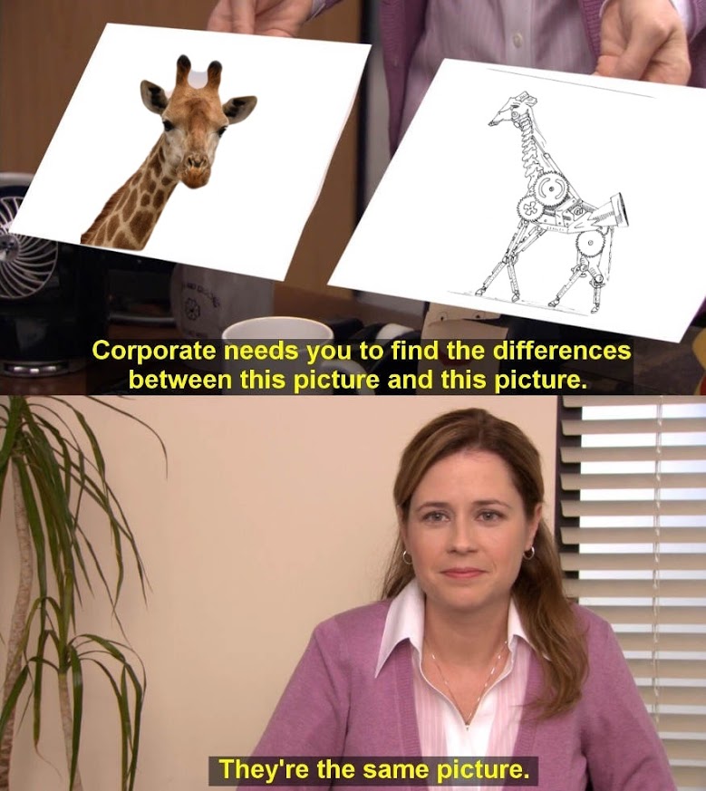 Een meme uit The Office: Er wordt gevraagd om de verschillen te zoeken tussen twee afbeeldingen, de ene is een giraf, de andere een robotgiraf. Er staat bij dat het dezelfde foto is.