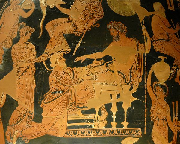 Een potschildering van de Trojaan Chryses die knielt voor Agamemnon.