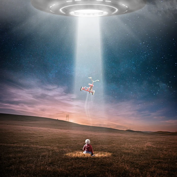 Klein kindje dat zijn fietsje ziet meegenomen worden door een ufo